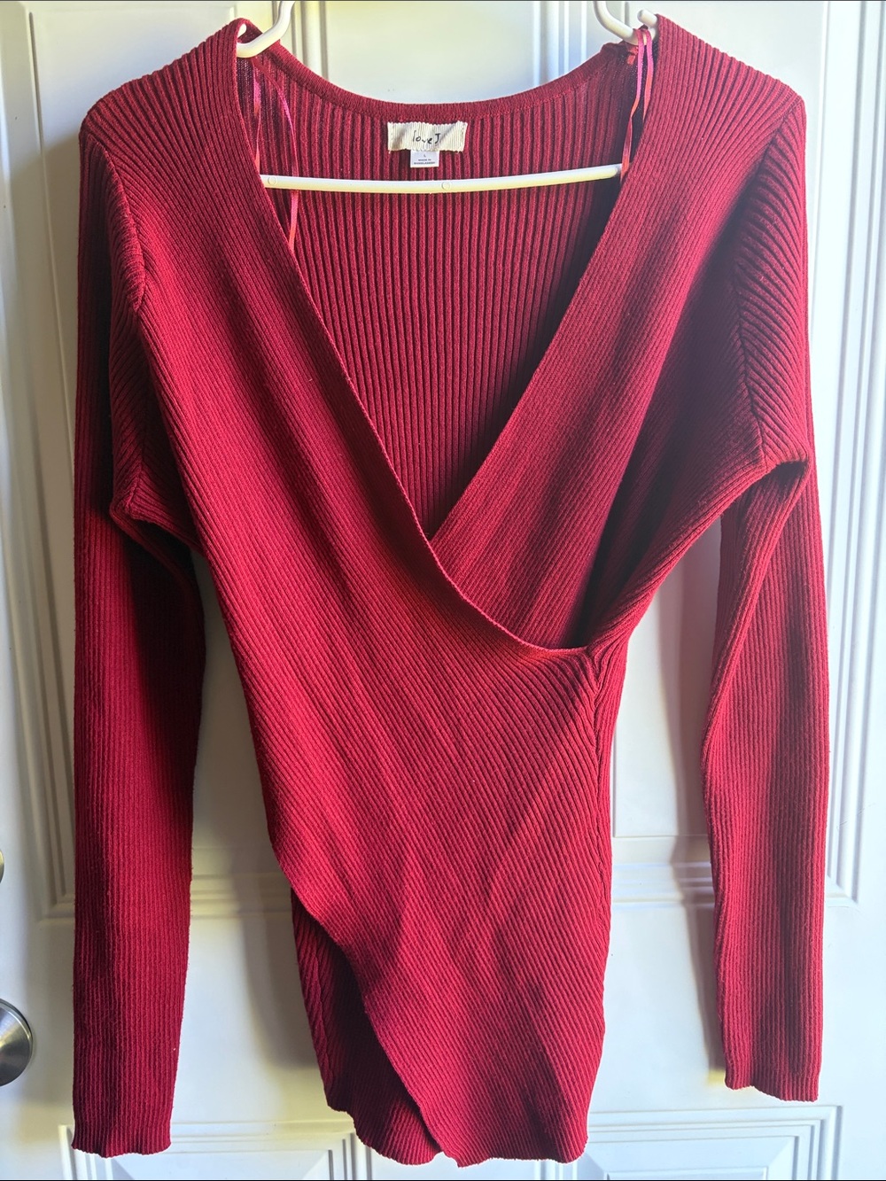 love J Ribbed V-Neck Wrap Sweater in Deep Red